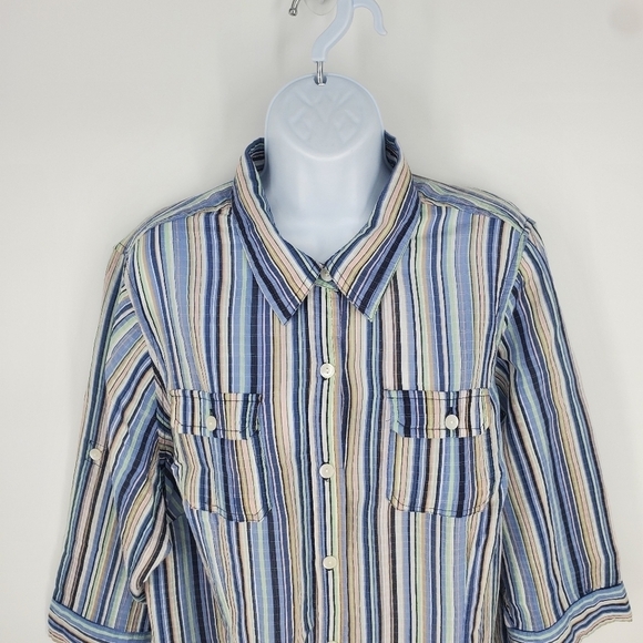 Liz Claiborne Blue Multi Stripe Crinkle 3/4 Sleeve Button Down Women 2X Shirt - Picture 7 of 9